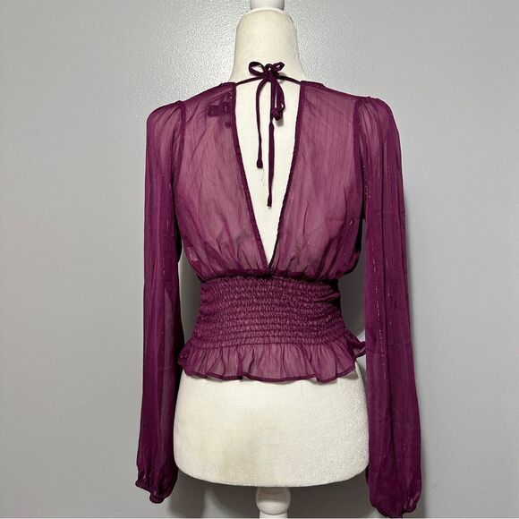 Forever 21 purple, sheer, long sleeve top with a tie on the back size S - Picture 3 of 5